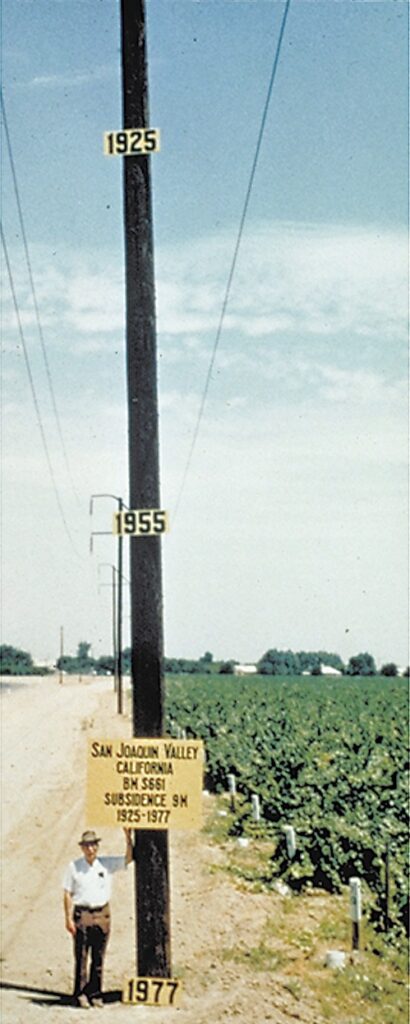 Historic 1977 photo of Dr. Joseph Poland, USGS, considered the pioneer of scientific subsidence studies. Dates on telephone pole indicate previous land elevations in an area SW of Mendota. *Photo credit: U.S. Geological Survey 