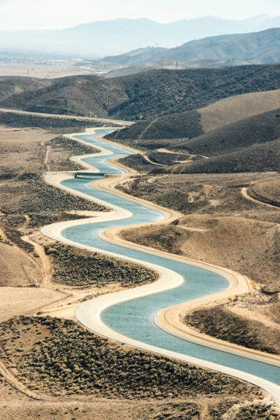 A photo of the California Aqueduct, which delivers water from Northern California to Southern California.