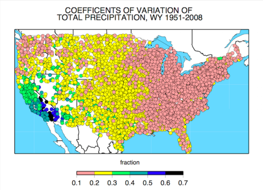 A chart showing the coefficients of variation in total precipitation for the US from 1951 to 2008.