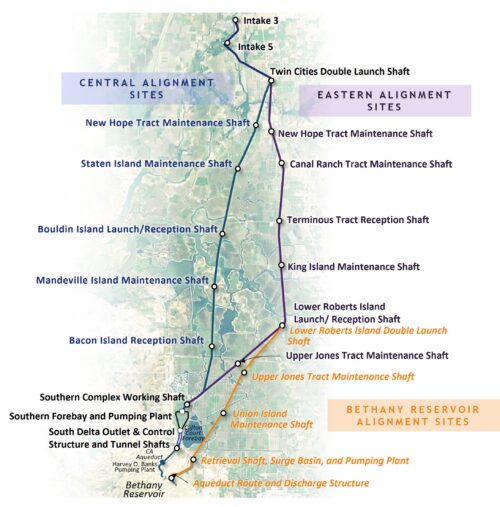 A graphic showing the potential tunnel alignment routes for the Delta Conveyance Project.