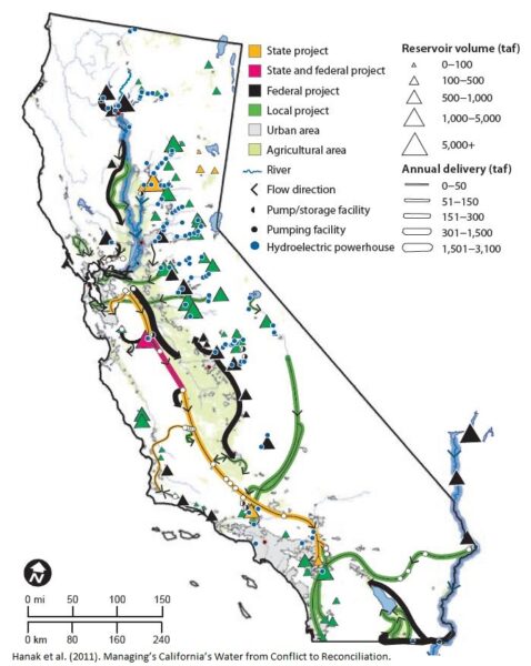 A map showing California water infrastructure for storing and conveying water: dams and canals.