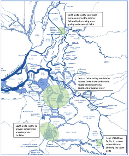A map of potential sites for fish-friendly diversions in the Delta.