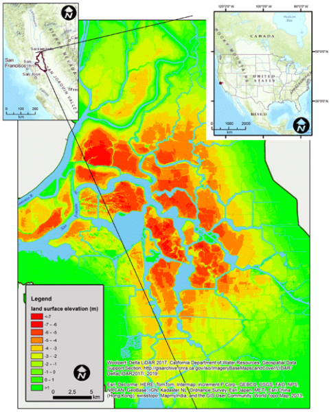 A map showing Islands in the Central Delta that have subsided as much as 30 feet below sea level.
