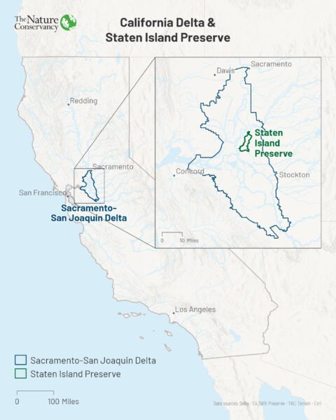 Map showing the location of Staten Island in the California Delta.
