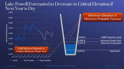A graph showing that Lake Powell is forecasted to decrease to critical elevation if next year is dry.
