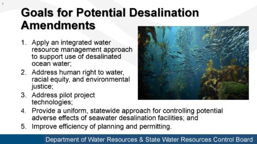 A slide listing the goals for potential seawater desalination provisions in California's Ocean Plan.