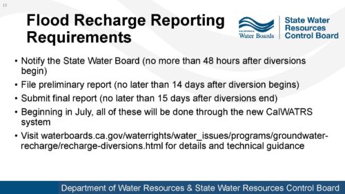A slide listing flood recharge reporting requirements.