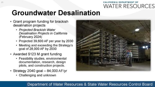 A slide listing details on DWR's efforts to expand brackish groundwater desalination.