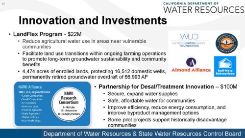 A slide listing DWR's investments in LandFlex and desalination innovation.
