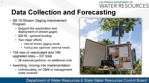 A slide highlighting efforts to improve stream gaging on California's waterways.