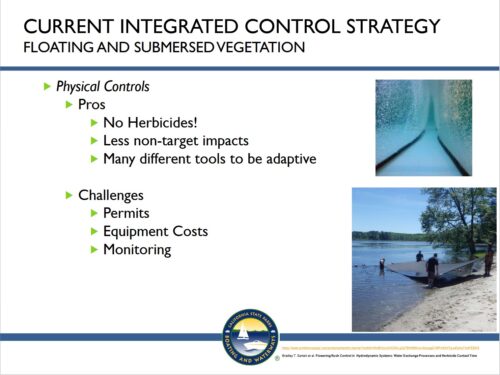 A slide summarizing the pros and cons of physical controls for invasive aquatic vegetation in the Delta.