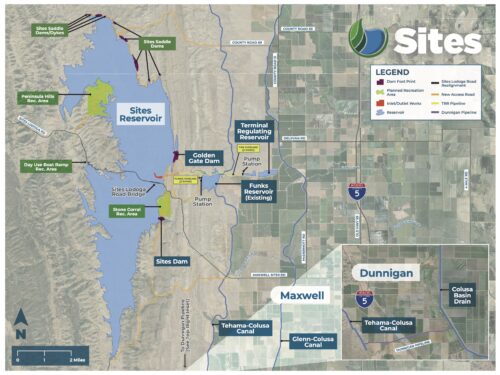 A map of the Sites Reservoir showing the location of the multiple dams and other infrastructure for the project.